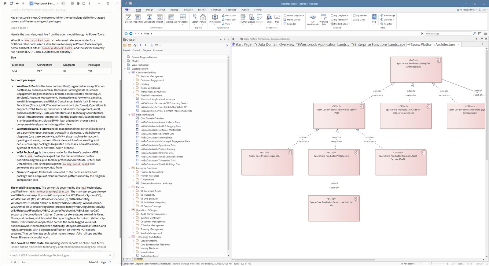 Claude in the Claude desktop app on the left working through a task on the model, and Enterprise Architect on the right with an architecture model open