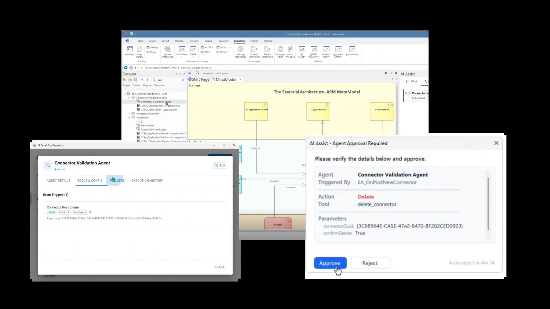 Kernaro Assist inside Enterprise Architect: a Connector Validation Agent set to run when a connector is created, and an approval dialog asking the user to approve or reject the deletion the agent proposes. Screenshot published by Sparx Systems.