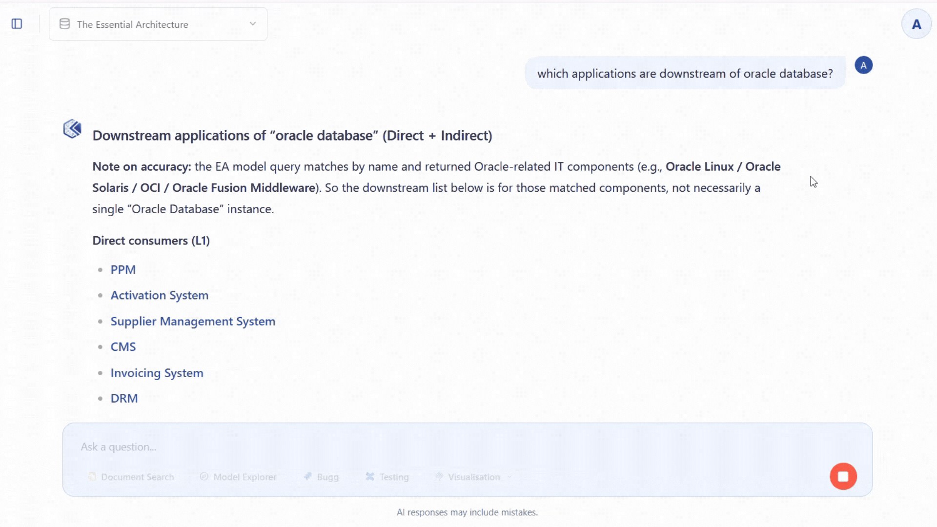 Kernaro AI Hub in a browser answering 'which applications are downstream of oracle database?' with direct and indirect consumers listed from the EA model. Screenshot published by Sparx Systems.