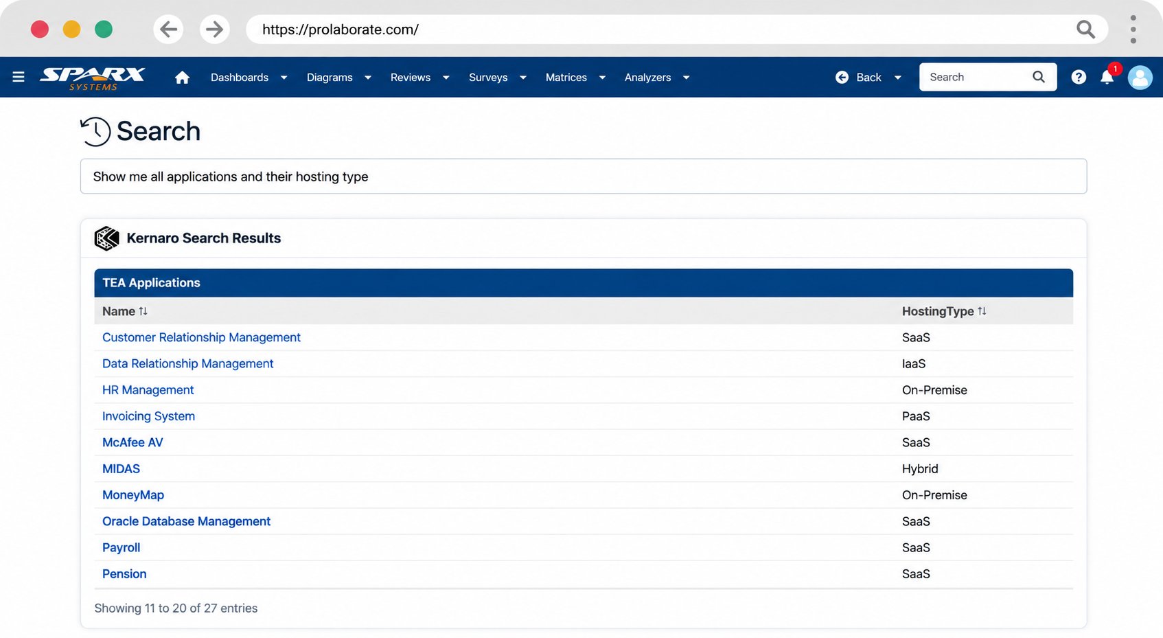 The Prolaborate 6 search page, where the question 'Show me all applications and their hosting type' returns a Kernaro Search Results table listing applications with their hosting type. Screenshot published by Sparx Systems.